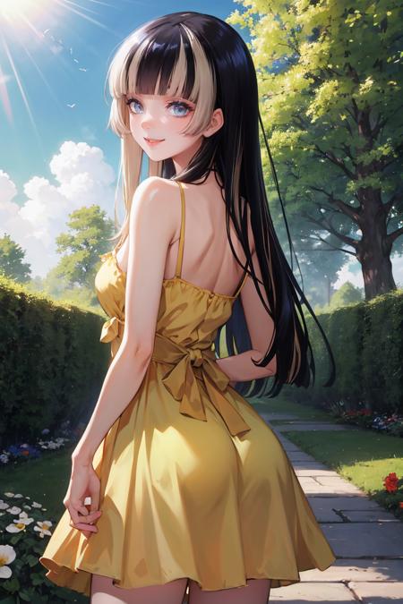 18458-169793862-masterpiece, best quality, absurdres, JuufuuteiRaden, from behind, (yellow sundress), garden, day, sunshine, smile, looking back.png